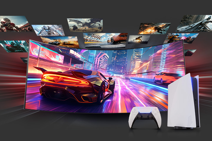 Un moniteur de jeu incurvé affiche une course avec une supercar rouge dans une ville illuminée au néon. D’autres scènes de jeu flottent autour de l’écran. Une manette blanche est posée devant, soulignant le jeu sur console.