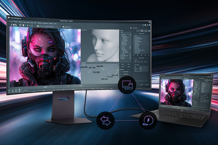 Moniteur Ultrawide connecté à un ordinateur portable affichant un travail de conception créative.