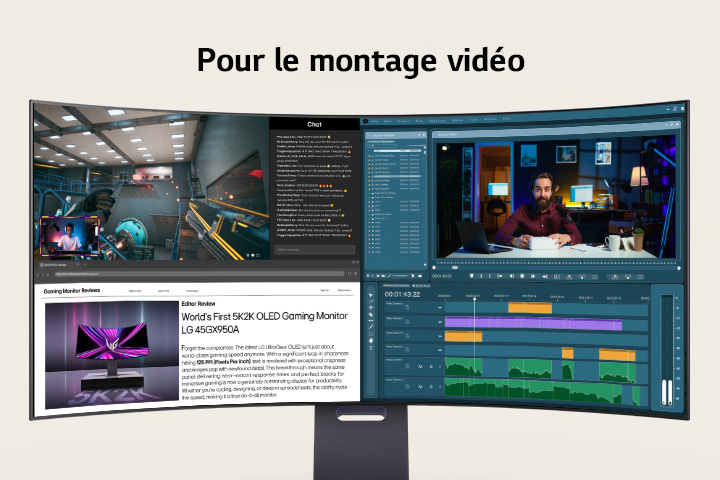 Une configuration multitâche affichant des activités de jeu, de montage vidéo, de design et d’appels vidéo sur différentes applications, le tout présenté sur un moniteur LG OLED 5K2K.