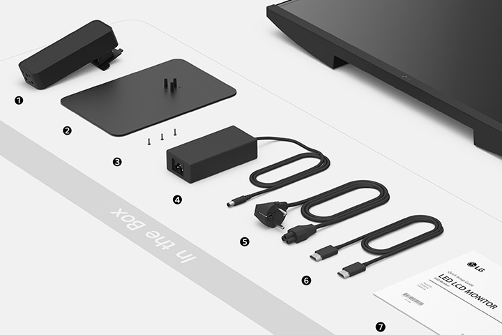 Base du support, vis, adaptateur secteur, câble d'alimentation, câble HDMI et guide d'installation dans la boîte.