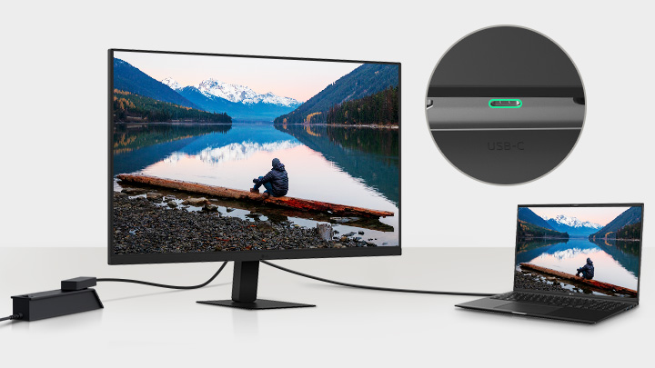 Une image d'un ordinateur portable et d'un écran connectés par un seul câble USB-C.