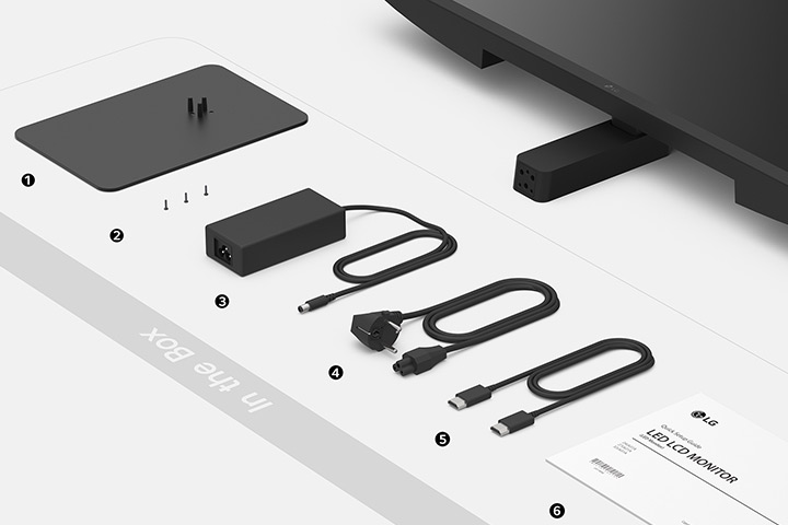Base du support, vis, adaptateur secteur, câble d'alimentation, câble HDMI et guide d'installation dans la boîte.