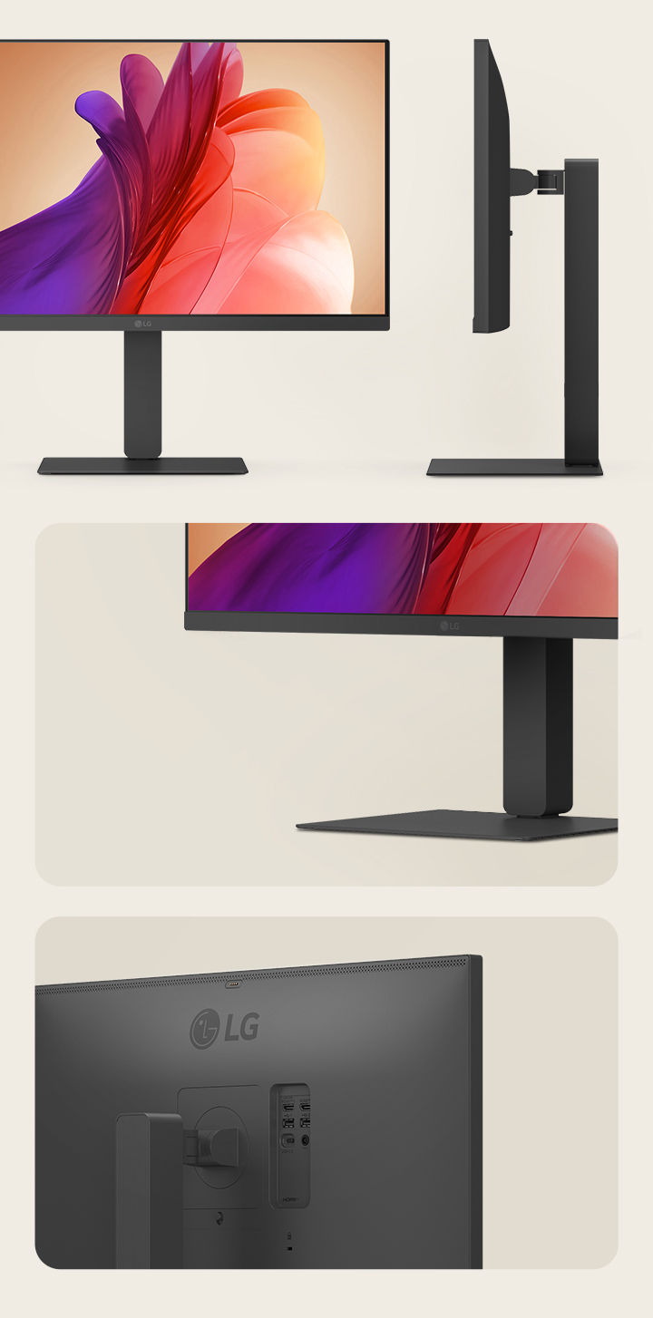 Vues de face, de côté et en détail d’un moniteur LG blanc avec un support élégant et un design minimaliste du panneau arrière.