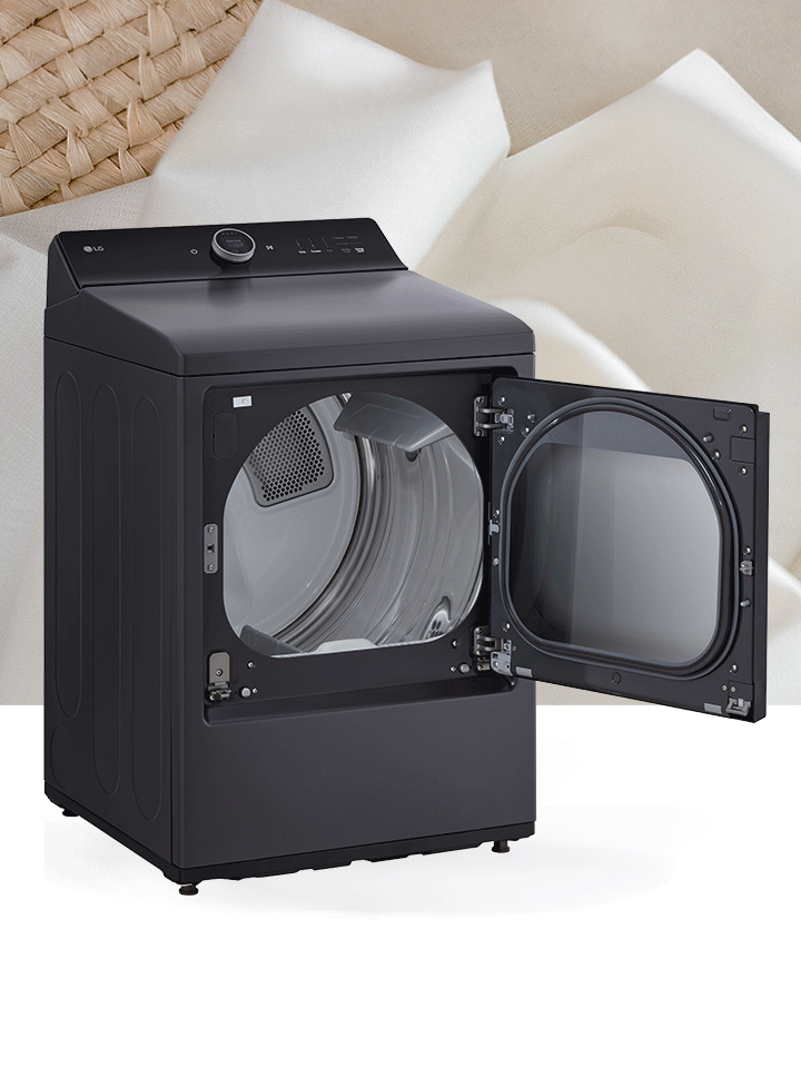 Sécheuse LG noire à grande capacité avec hublot en verre trempé et panneau de commande tactile intégré.