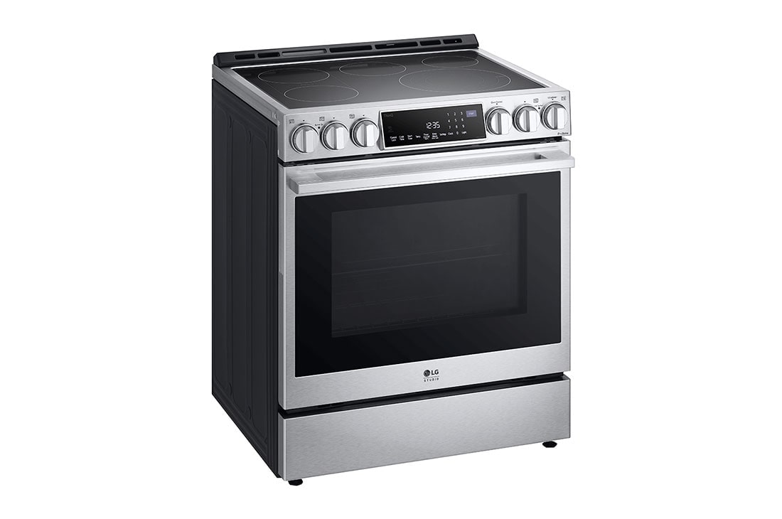 Vue latérale du LG Cuisinière élec. de 6,3 pi³/30 po LG STUDIO | ProBake Conv., Air Sous-Vide, Air Fry, SelfClean, EasyClean🅫, intell., acier inox., encastr. - LSES6338F