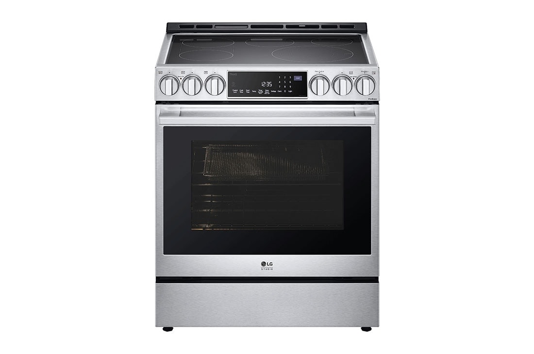 Vue latérale du LG Cuisinière élec. de 6,3 pi³/30 po LG STUDIO | ProBake Conv., Air Sous-Vide, Air Fry, SelfClean, EasyClean🅫, intell., acier inox., encastr. - LSES6338F