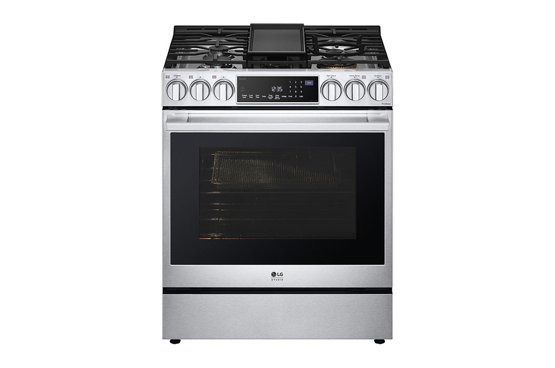 Vue latérale du LG Cuisinière au gaz encastrable de 6,3 pi³ avec les technologies InstaView🅫, ProBake Convection🅫 et Air Fry de LG STUDIO - LSGS6338F