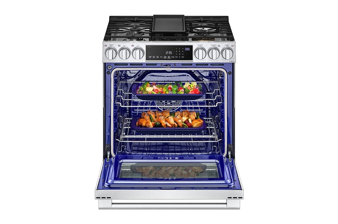 LG Cuisinière au gaz. de 6,3 pi³/30 po LG STUDIO | ProBake Conv., Air Sous-Vide, Air Fry, SelfClean, EasyClean🅫, acier inox., encastr., LSGS6338F
