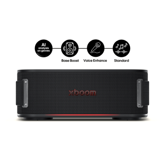 Haut-parleur LG XBOOM avec modes sonores IA, incluant Bass Boost, Voice Enhance et Standard.