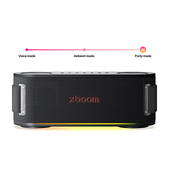 Haut-parleur LG XBOOM avec éclairage IA qui s’adapte aux modes voix, ambiance et fête.