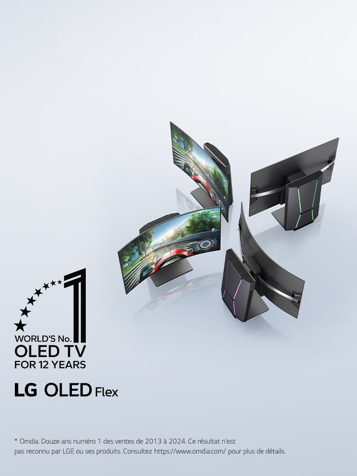 Vue de dessus légèrement inclinée de quatre téléviseurs LG OLED Flex, positionnés pour montrer l’écran incurvé unique des téléviseurs. Les téléviseurs dont l’écran est visible affichent un jeu vidéo de course. L’emblème du premier OLED TV au monde depuis 12 ans se trouve dans le coin. Le logo du produit LG OLED Flex est visible.