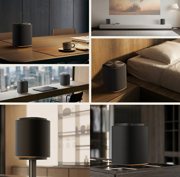 Enceinte sans fil LG Sound Suite M5 placée dans divers environnements domestiques, notamment sur un bureau, une table de chevet, près d’un téléviseur et sur un pied d’enceinte