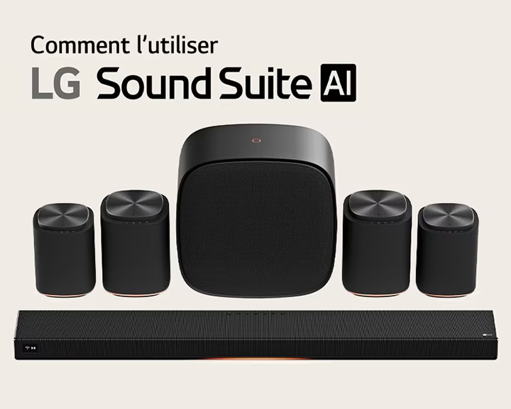 Jeu d’enceintes home cinéma LG Sound Suite équipé d’une barre de son H7, d’une paire d’enceintes M7, d’une autre paire d’enceintes M5 et d’un caisson de basses W7.