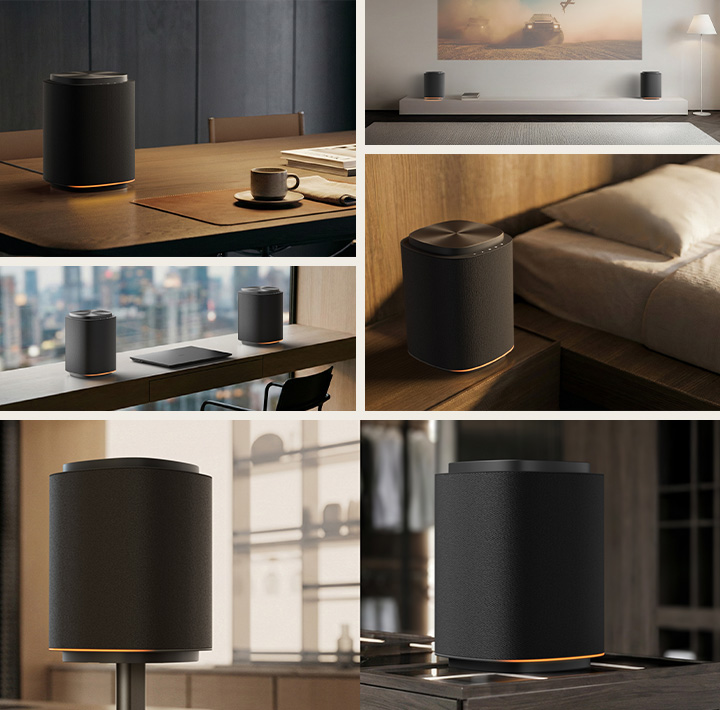 L'enceinte sans fil LG Sound Suite M7, placée dans divers environnements domestiques, notamment sur un bureau, une table de chevet, près d'un téléviseur et sur un socle d'enceinte