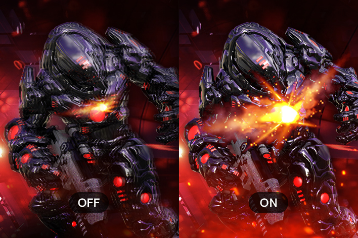 Image comparative d’un soldat futuriste blindé, le côté gauche apparaissant plus sombre et moins détaillé (OFF) et le côté droit plus lumineux et vif avec des effets lumineux (ON).