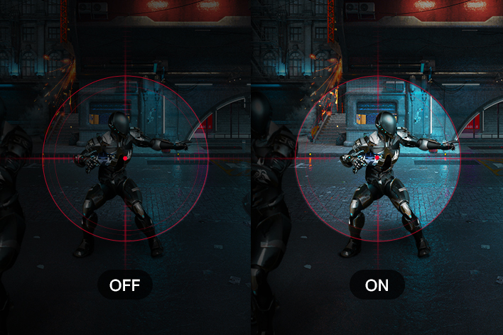 Image comparative d’un soldat futuriste dans une lunette de visée, le côté gauche étant plus sombre et moins visible (OFF) et le côté droit plus lumineux et clair avec des détails renforcés (ON).