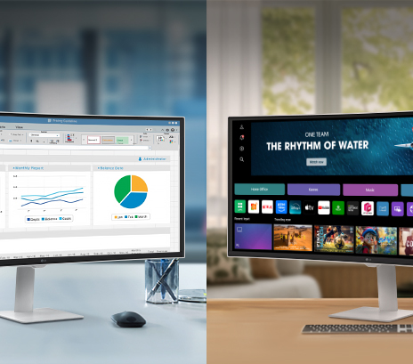 Une photo illustrant les LG Smart Monitors dans un bureau et à domicile.