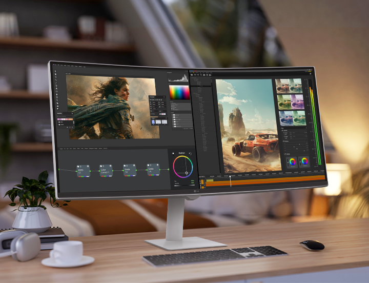 Moniteur sur un bureau affichant un logiciel de montage vidéo avec des séquences cinématographiques et des outils d’étalonnage des couleurs, dans un environnement de bureau à domicile confortable.