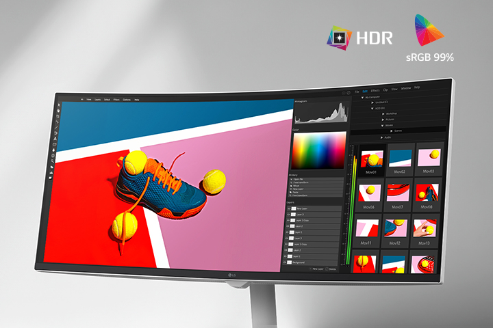 Moniteur affichant une interface de retouche photo avec une image colorée de baskets et de balles de tennis, mettant en valeur la précision des couleurs HDR et sRGB 99 %.