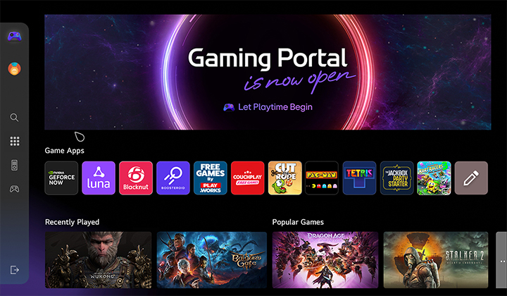 Un moniteur incurvé présente un tableau de bord de jeux avec des icônes de jeux colorées, incluant des applications d’action, de puzzle et de cloud gaming. Un graphisme de portail cosmique lumineux entoure l’écran, renforçant l’ambiance science-fiction.
