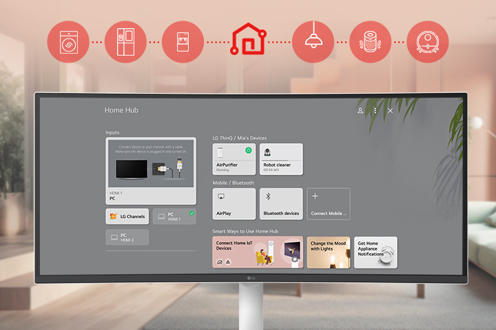 L’écran du LG Smart Monitor affiche l’interface du tableau de bord ThinQ Home.