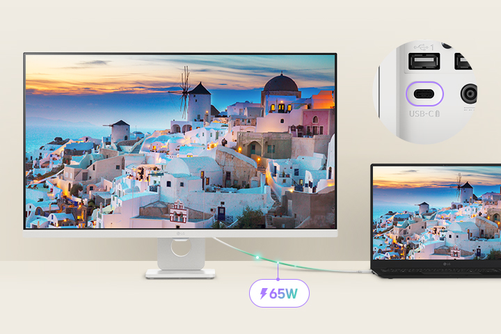 Un ordinateur portable est connecté à un LG Smart Monitor via USB-C. Il se charge via USB-C tout en affichant le même écran.