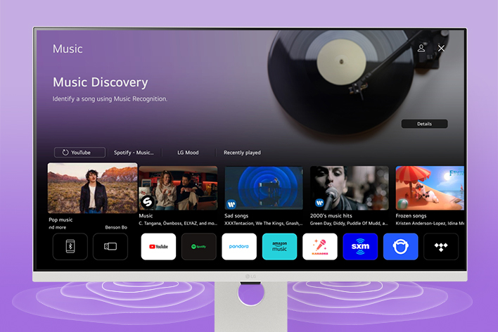 L’écran du LG Smart Monitor affiche l’interface des applications musicales.