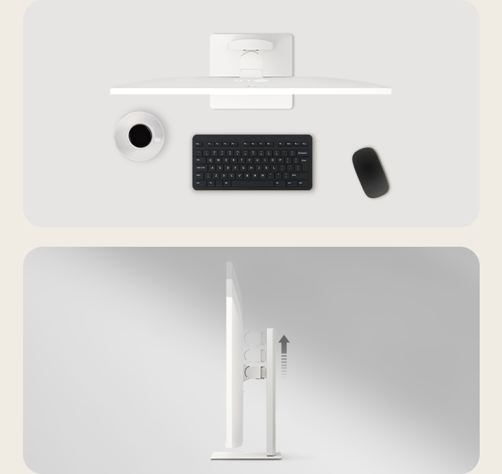 LG Smart Monitor sur un bureau avec clavier, souris et tasse de café vus de dessus, présenté à côté d’une vue latérale mettant en évidence le réglage en hauteur