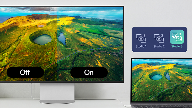 Moniteur LG UltraFine evo 6K connecté à un MacBook, illustrant la fonction Mode Studio qui permet une correction et une harmonisation des couleurs fluide entre les deux écrans.