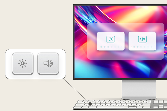 Moniteur LG UltraFine Evo 6K avec fonction M-Control, permettant d’ajuster la luminosité et le son directement depuis le clavier d’un Mac, sans configuration supplémentaire.