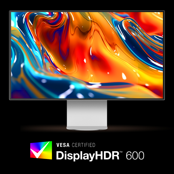 Vue de face du moniteur UltraFine™ affichant une image colorée démontrant la précision de la restitution des couleurs. Le logo VESA CERTIFIED DisplayHDR™ 600 est placé en dessous.