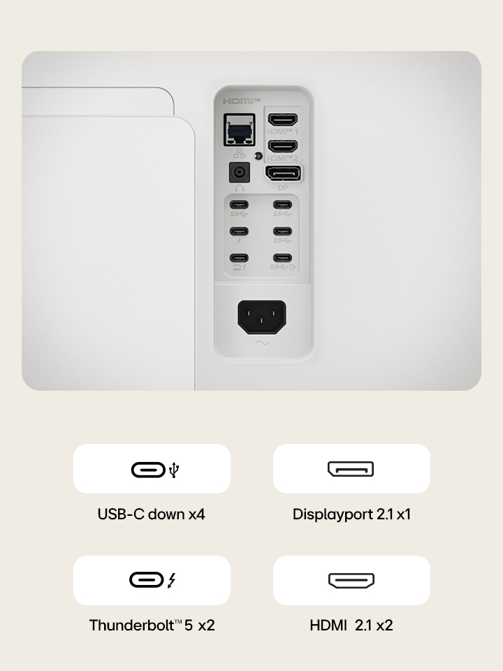 Image en gros plan des ports du moniteur UltraFine montrant les différentes possibilités de connexion par câble.