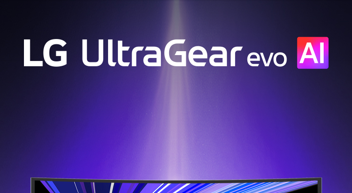 Logo IA d’UltraGear™ evo dans une pièce futuriste éclairée au néon.