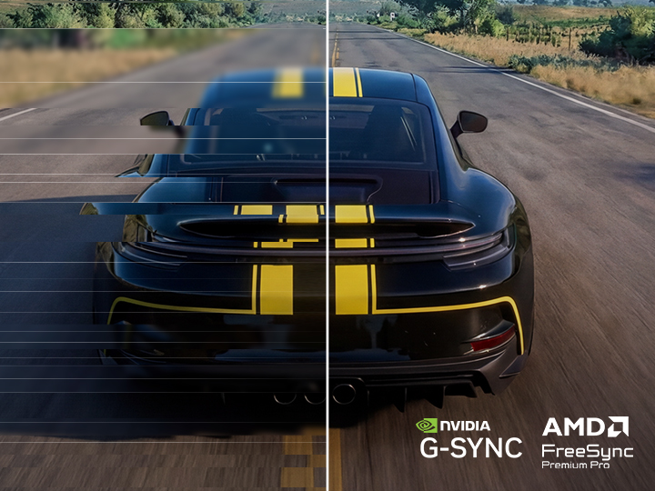 Le moniteur de jeu UltraGear (45GX950B) offre un gameplay de course fluide et sans déchirure avec NVIDIA G-SYNC et AMD FreeSync Premium Pro