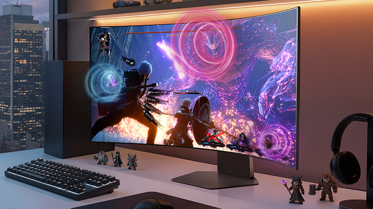 Le moniteur de jeu UltraGear (45GX950B) offre un son clair et immersif avec des haut-parleurs intégrés et un son IA