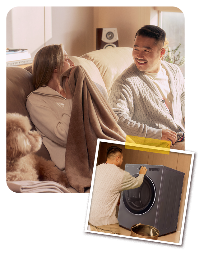 Un couple profitant de la chaleur réconfortante d’une couverture séchée avec un sèche-linge LG