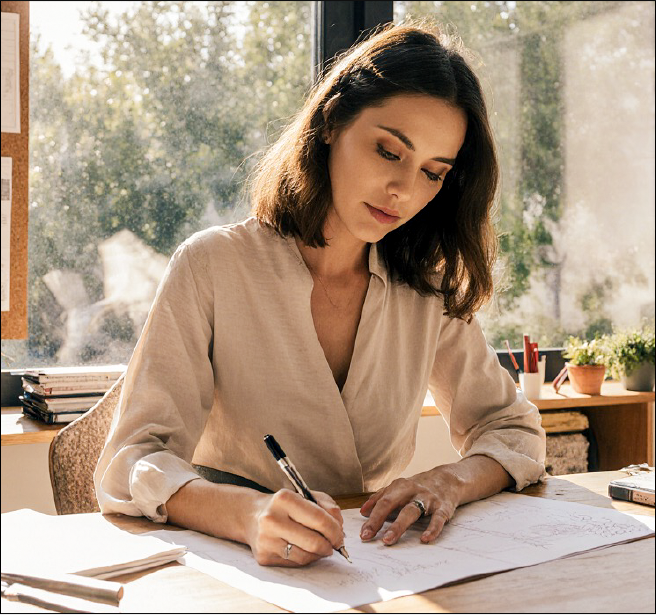 Une femme vêtue de blanc est assise à côté d'un bureau avec des informations d'aménagement intérieur étalées.