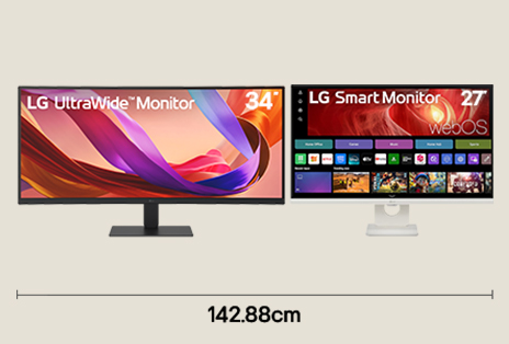 Configuration double écran avec un moniteur ultralarge 34 po et un écran 27 po 4K UHD pour un flux de travail créatif, avec une largeur de bureau de 142,88 cm