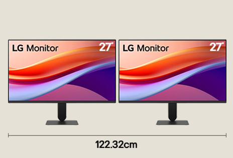 Configuration double écran avec deux écrans 27 po FHD pour un flux de travail de bureau efficace, avec une largeur de bureau de 122,32 cm