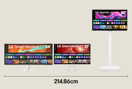 Configuration triple écran avec écrans 34 po WQHD, 27 po 4K UHD et 32 po 4K UHD pour une expérience de divertissement immersive, avec une largeur de bureau de 214,86 cm