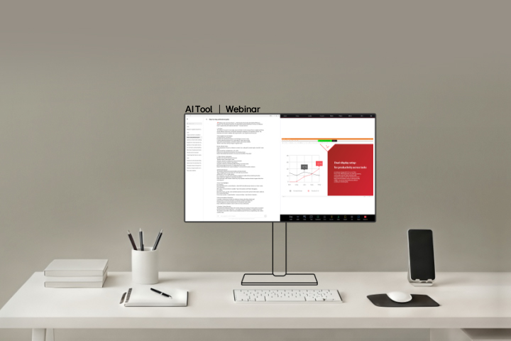Cette vidéo présente une configuration de bureau à double écran conçue pour les professionnels, où le moniteur principal affiche des documents et des présentations, tandis que le moniteur secondaire présente du contenu web, des outils de communication et des tableaux de bord de données afin de soutenir un multitâche efficace et la prise de décision.
