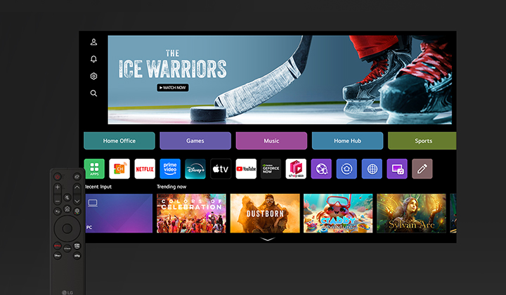 Image de l’interface d’accueil webOS et de la télécommande.