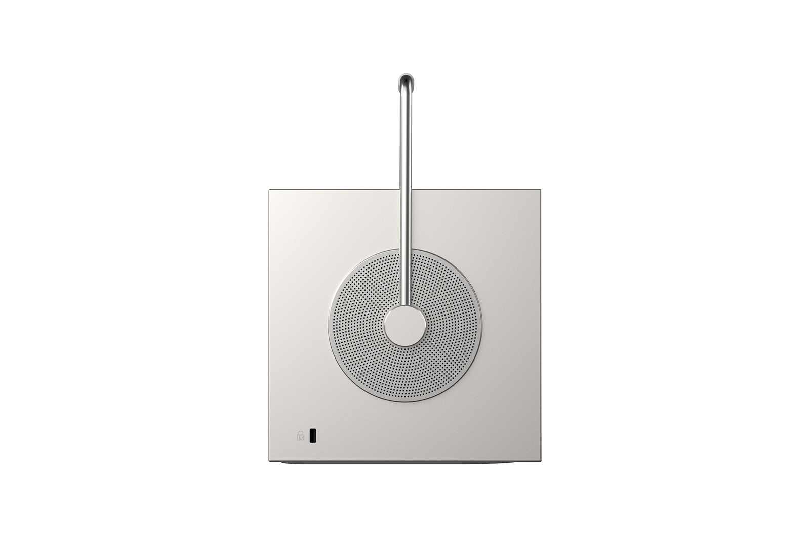 side view with circular speaker design and handle on top