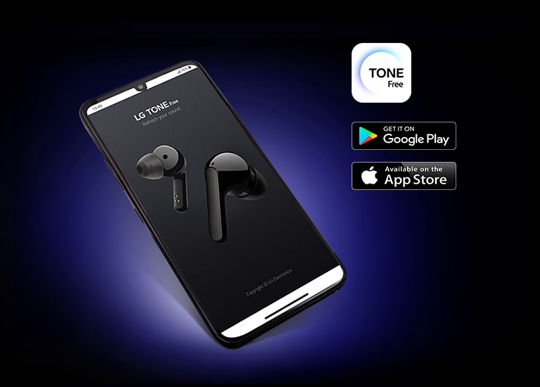 Un téléphone intelligent montrant l’appli TONE Free de LG sur un fond sombre. Les icônes des applis apparaissent à droite.