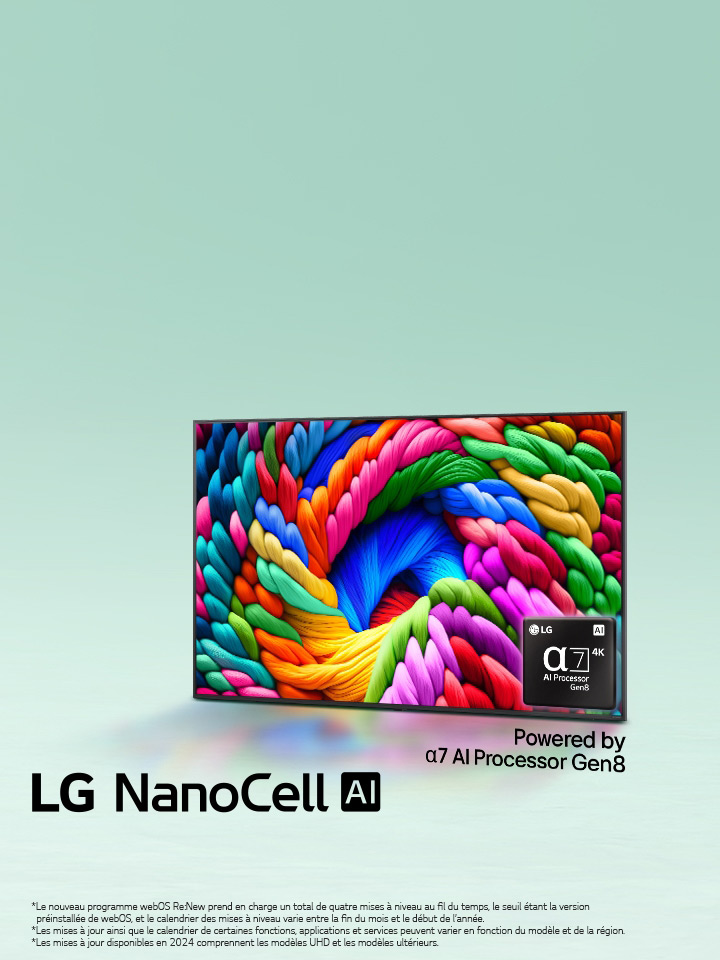 LG NanoCell TV est légèrement incliné vers la gauche et représente des fils colorés. Le logo du processeur alpha 7 AI Gen8 est intégré dans le coin inférieur droit du téléviseur. L’arrière-plan est un dégradé sarcelle clair. Le texte est également visible, alimenté par le processeur alpha 7 AI Gen8.
