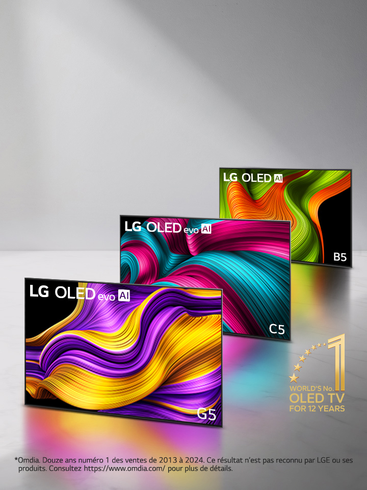 Gamme de trois téléviseurs LG OLED evo AI en formation, les téléviseurs C5, G5 et B5. L’emblème du premier OLED TV au monde depuis 12 ans se trouve dans le coin. 