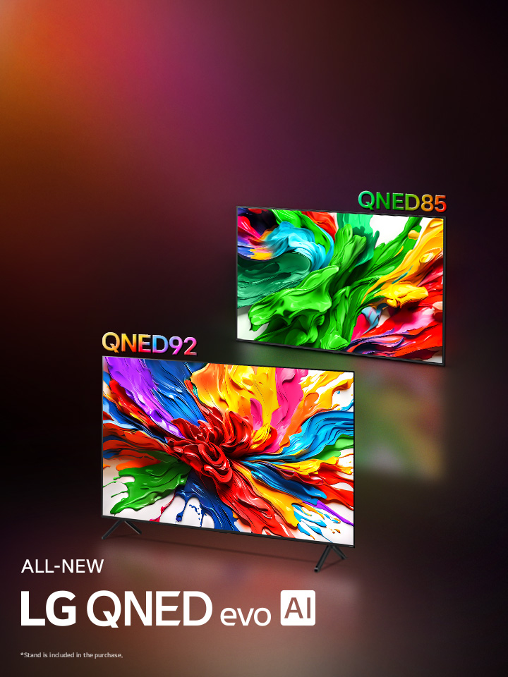 Les LG TV affichent des illustrations colorées qui mettent en valeur la nouvelle technologie de reproduction des couleurs vives et éclatantes de LG QNED. Le TOUT NOUVEAU logo LG QNED evo AI est également visible.