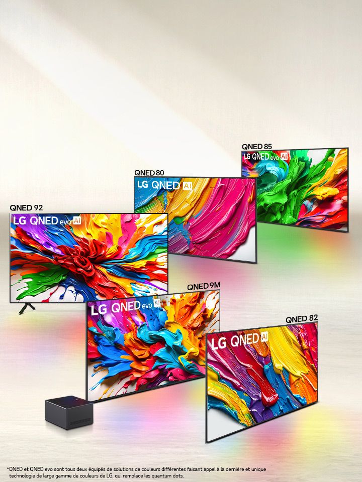 Gamme de cinq téléviseurs LG QNED evo AI en formation, QNED80, QNED85, QNED92, QNED9M avec Zero Connect Box, QNED82. 
