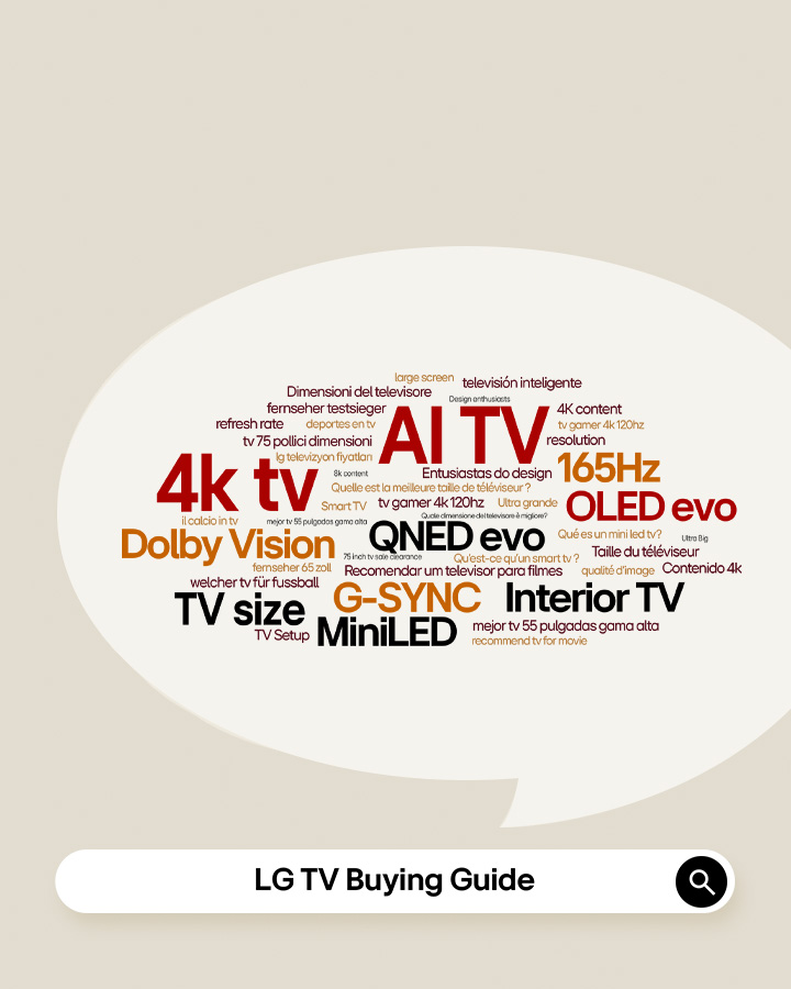 Une série d’images montre différents LG TV avec des textes intégrés : Ultra Big TV, TV Technology, Lifestyle, et AI TV.