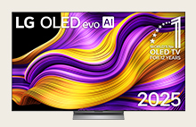 Le LG OLED TV présente un graphisme coloré et détaillé avec le titre LG OLED evo AI 2025 et l’emblème du numéro 1 mondial des OLED TV depuis 12 ans sur l’écran.